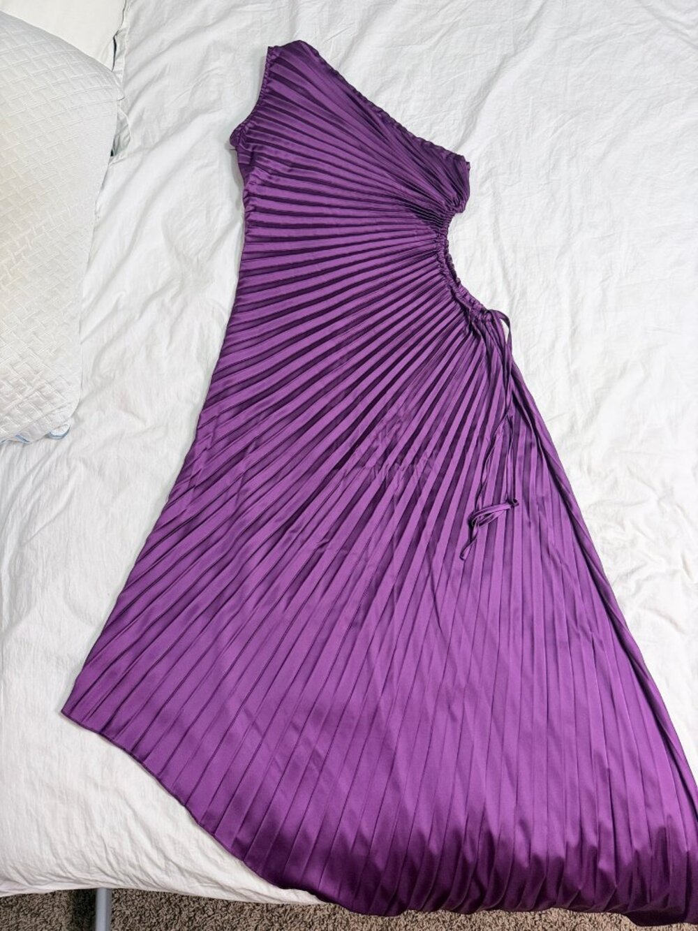Purple Pleated Satin One-Shoulder Maxi Dress Size M